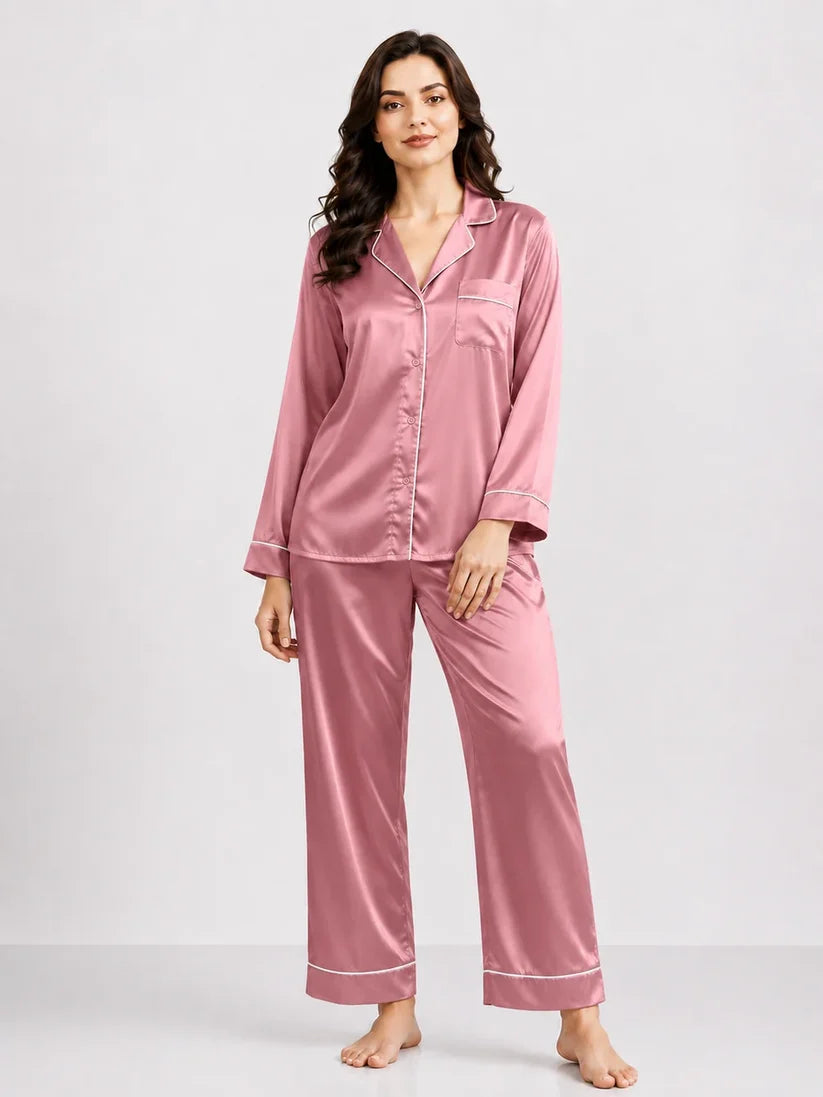 Plain Silk Night Suit - Dark Pink