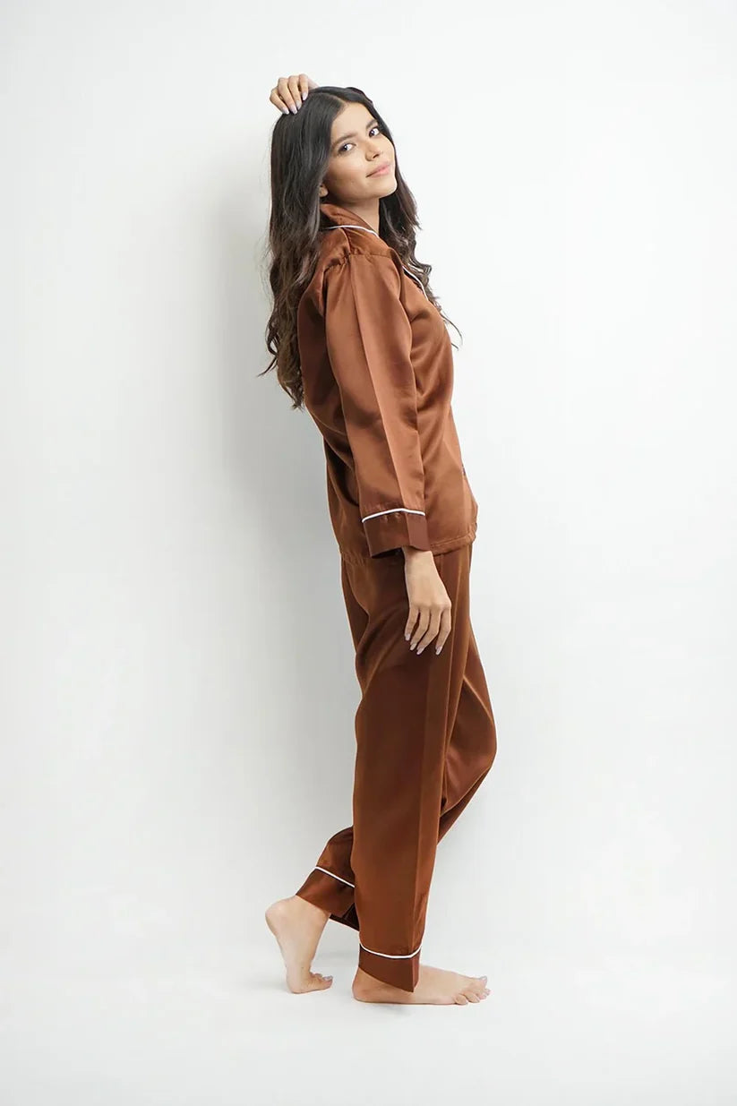 Plain Silk Night Suit - Brown