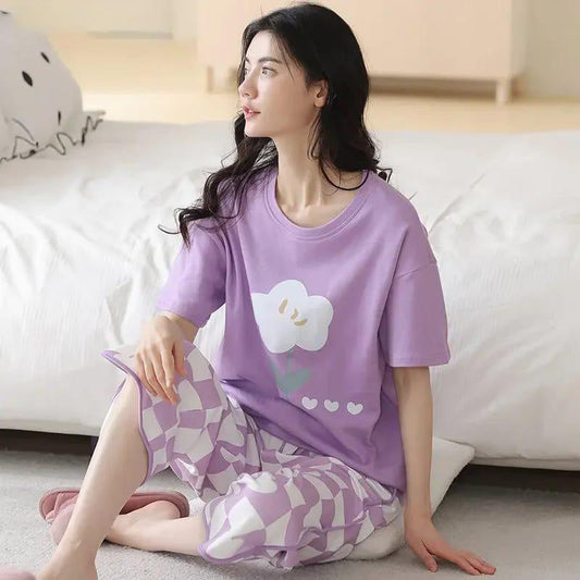 FLOWER PRINTED NIGHT SUIT - PURPLE