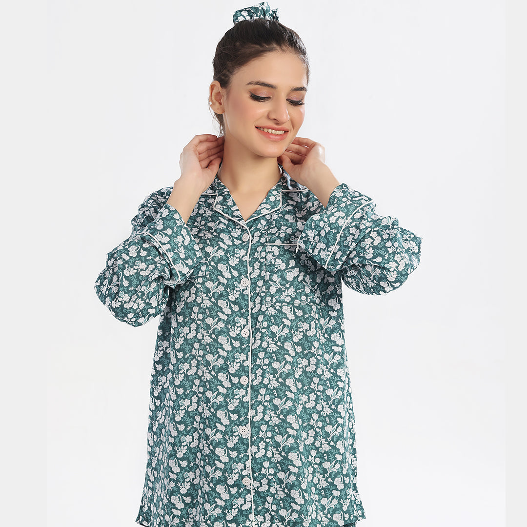 TNW Floral Deep Sea Green Linen Pajama Suit