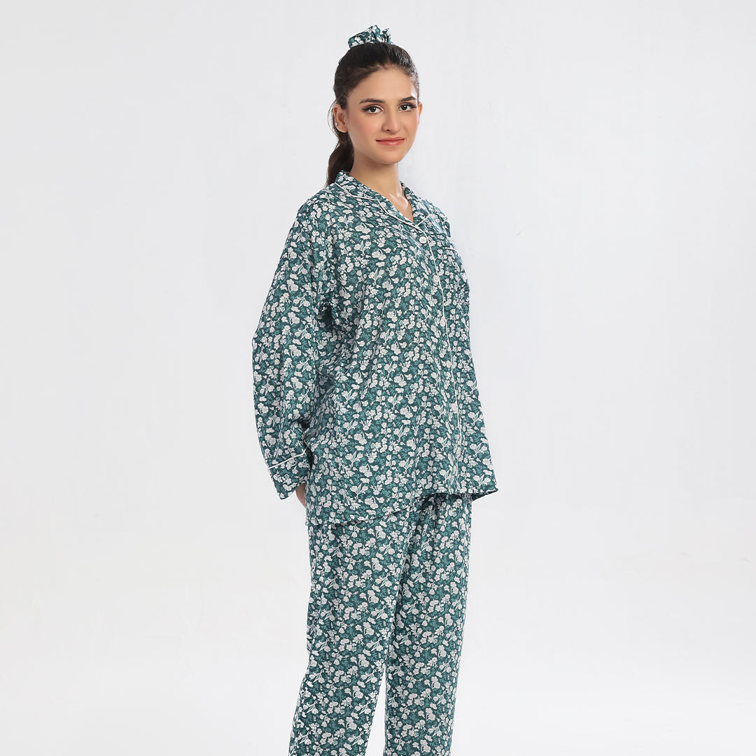 TNW Floral Deep Sea Green Linen Pajama Suit