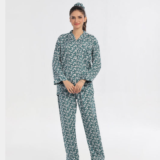 TNW Floral Deep Sea Green Linen Pajama Suit