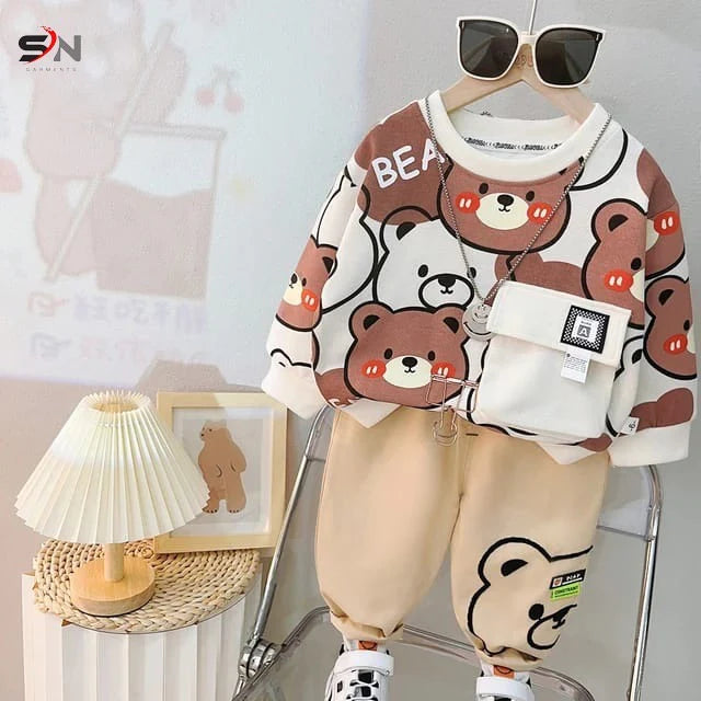 11.11 Sale-white Bear pocket Print Sweatshirt With Trouser For Kids