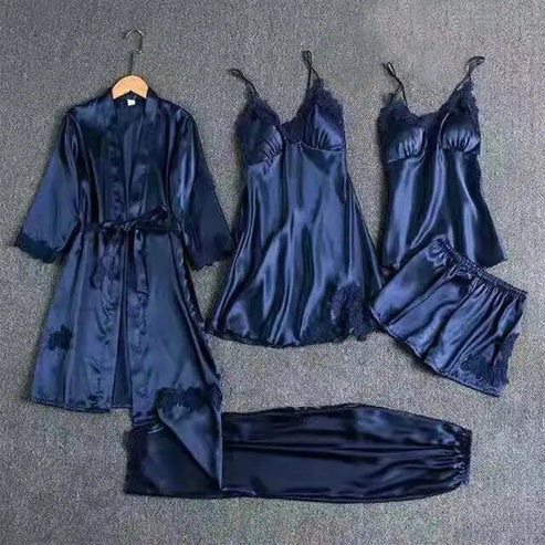 Royal Bridal Silk 5pcs Nightgown set Navy