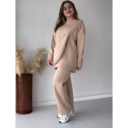 Drop Shoulder Tracksuit Suit With Bag- Coffee