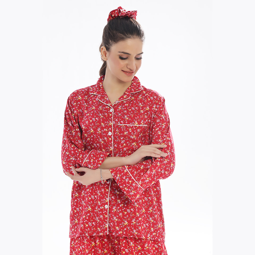 TNW French Red Flowers Linen Pajama Suit