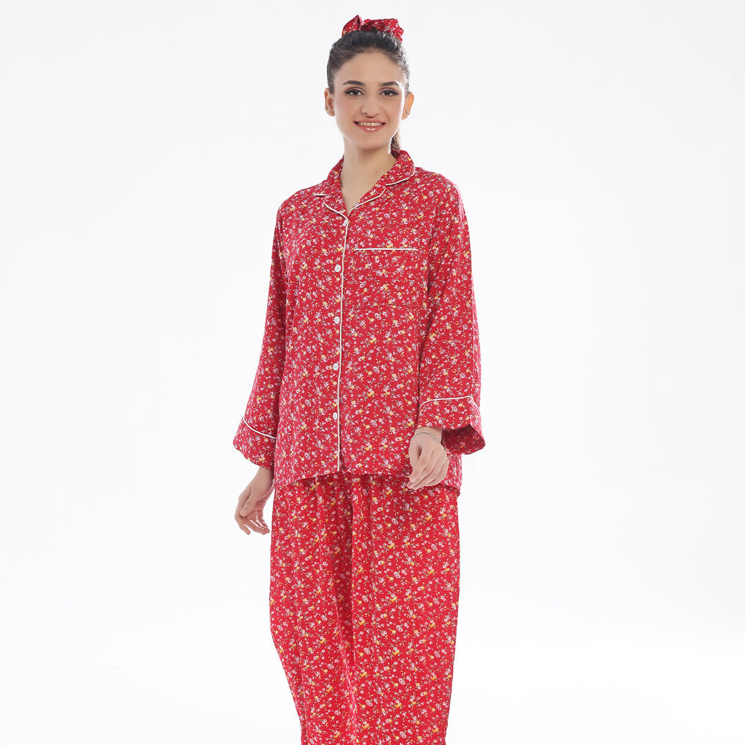 TNW French Red Flowers Linen Pajama Suit