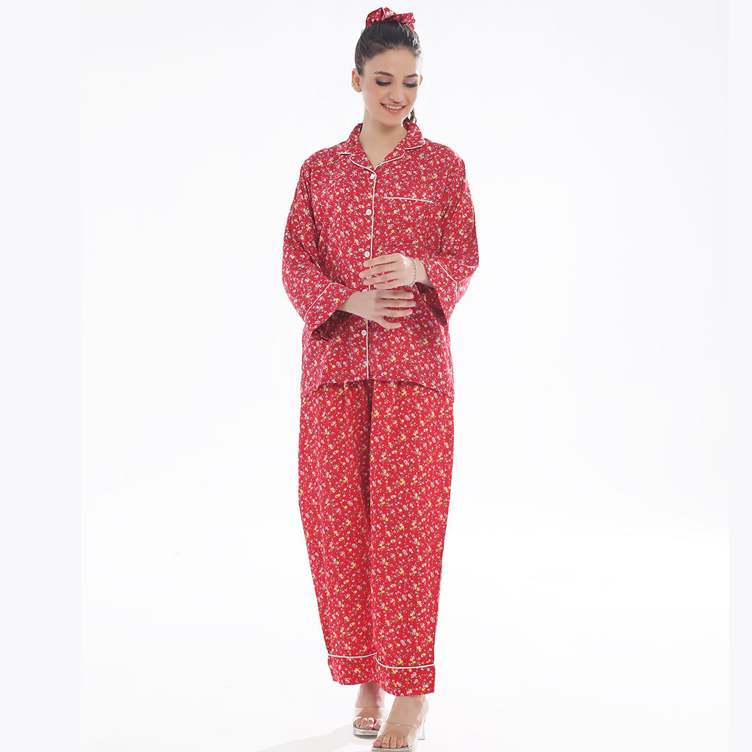 TNW French Red Flowers Linen Pajama Suit