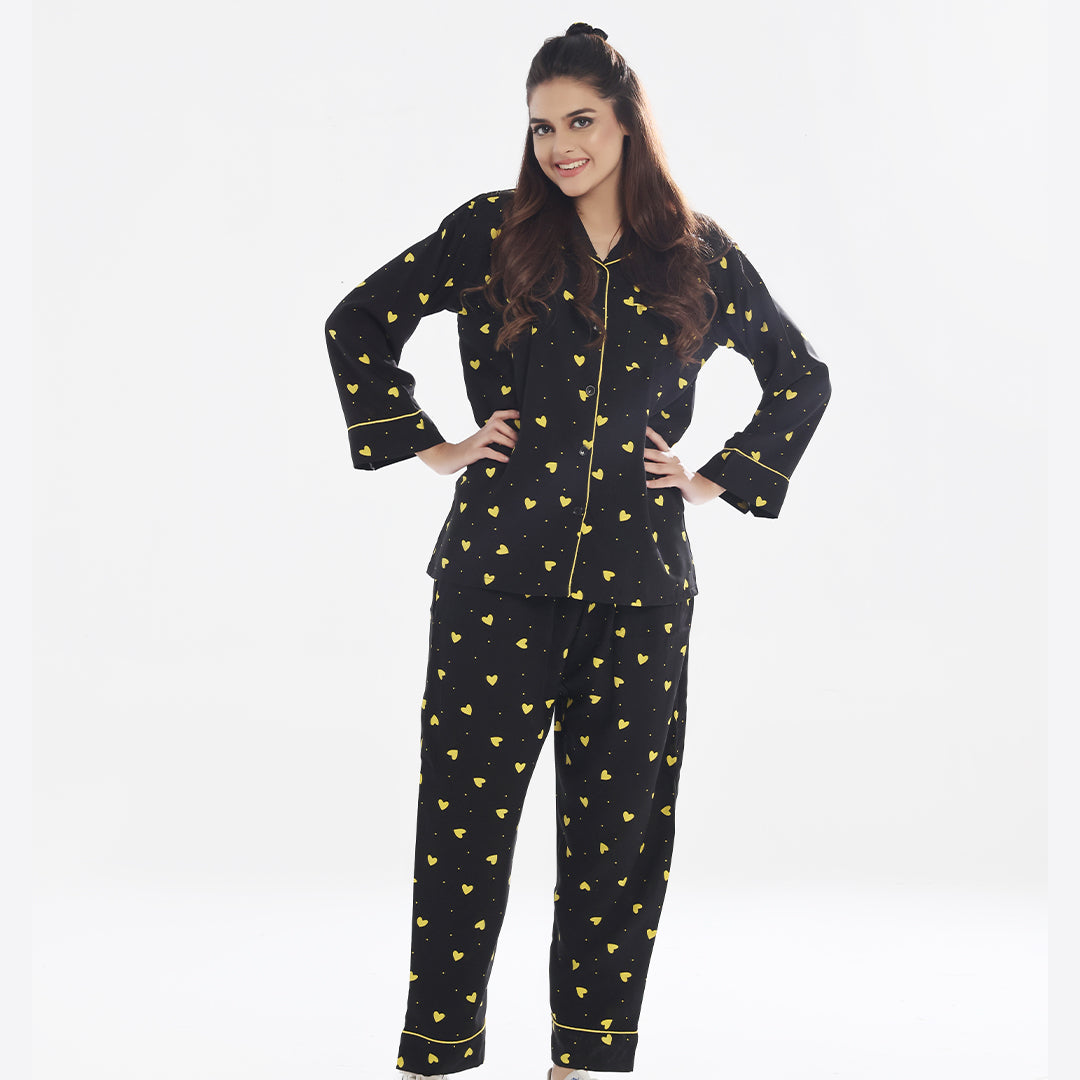 TNW Linen Pajama Suit - Yellow Hearts