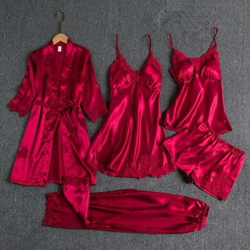 Royal Bridal Silk 5pcs Nightgown set Maroon