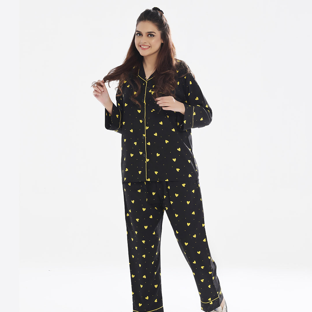 TNW Linen Pajama Suit - Yellow Hearts