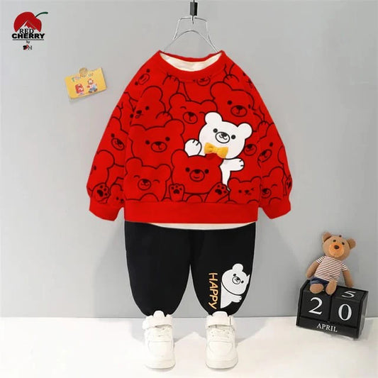 Red Bears Print Sweatshirt With Trouser For Kids