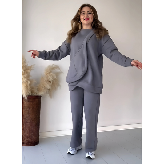 Drop Shoulder Tracksuit Suit With Bag- Grey