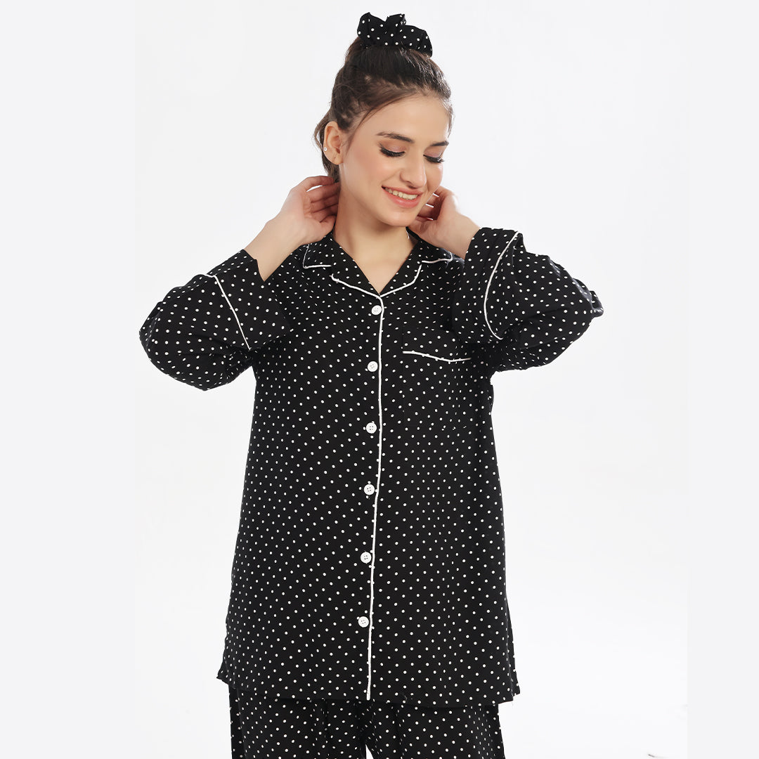 TNW White Polka Dots Linen Pajama Suit