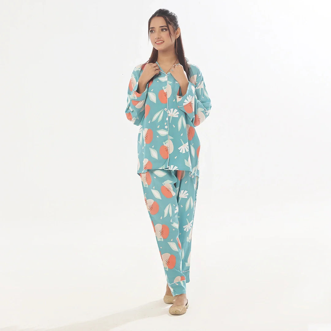 TNW Hawaiian Blue Linen Pajama Suit