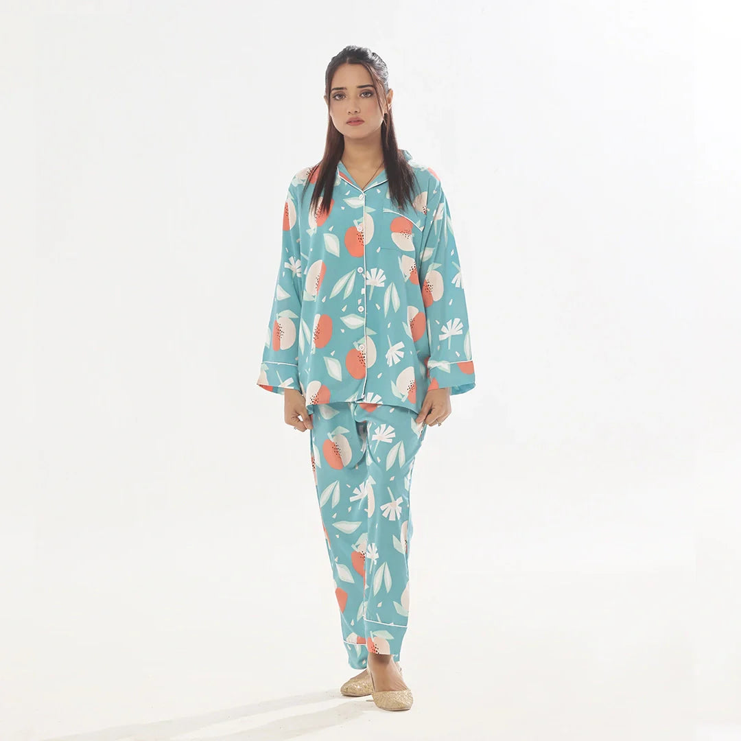 TNW Hawaiian Blue Linen Pajama Suit