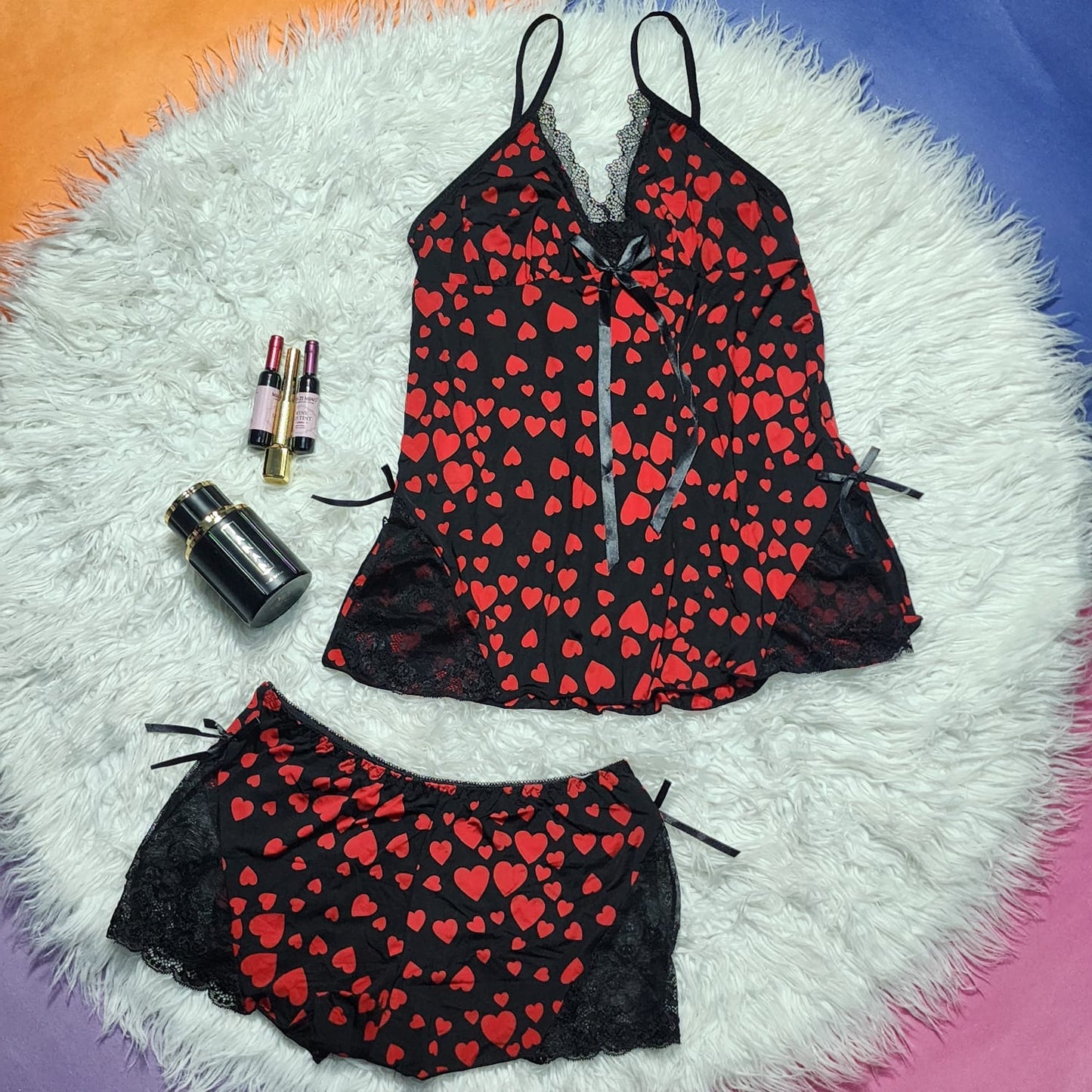 Softy Wear Eris Printed Heart - 2pcs Inner & Silk Shorts Cami Set best quaity sets price in pakistan 