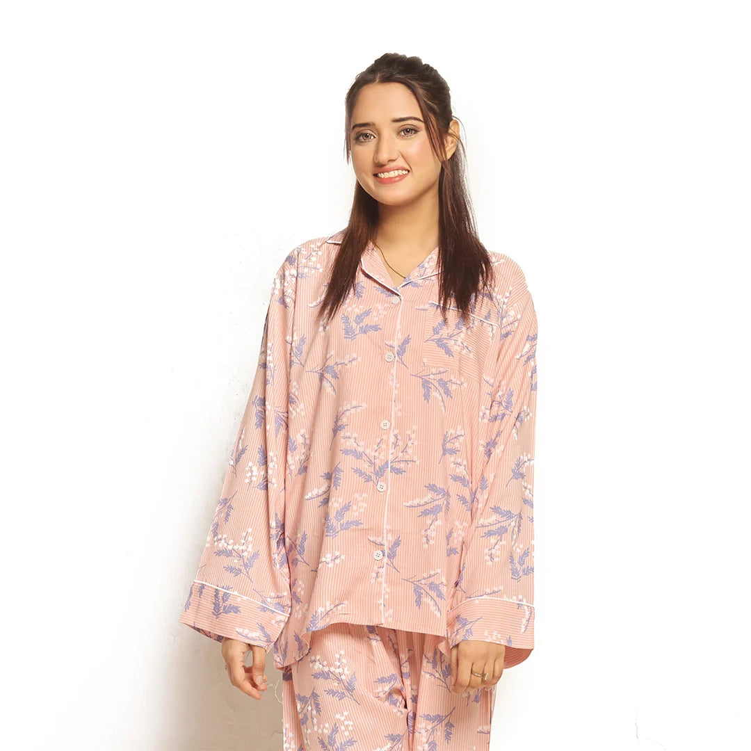 TNW Galaxy Boski Linen Floral Printed Pajama Suit Snow Pink