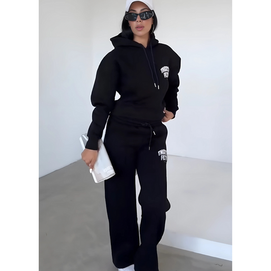 Fleece Hoodie Tracksuit Suit - Black