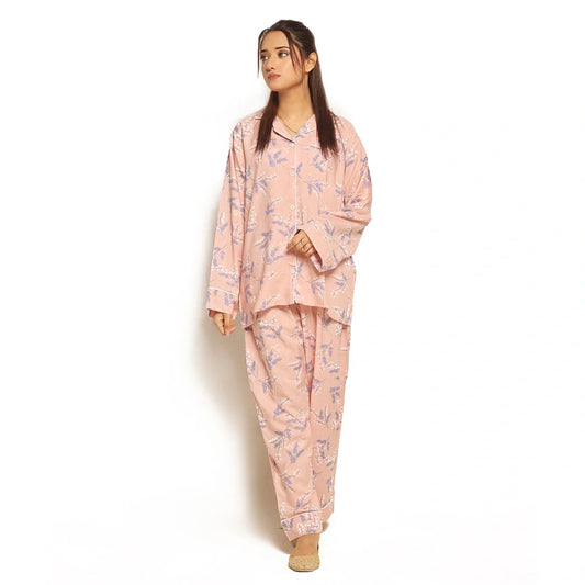 TNW Galaxy Boski Linen Floral Printed Pajama Suit Snow Pink