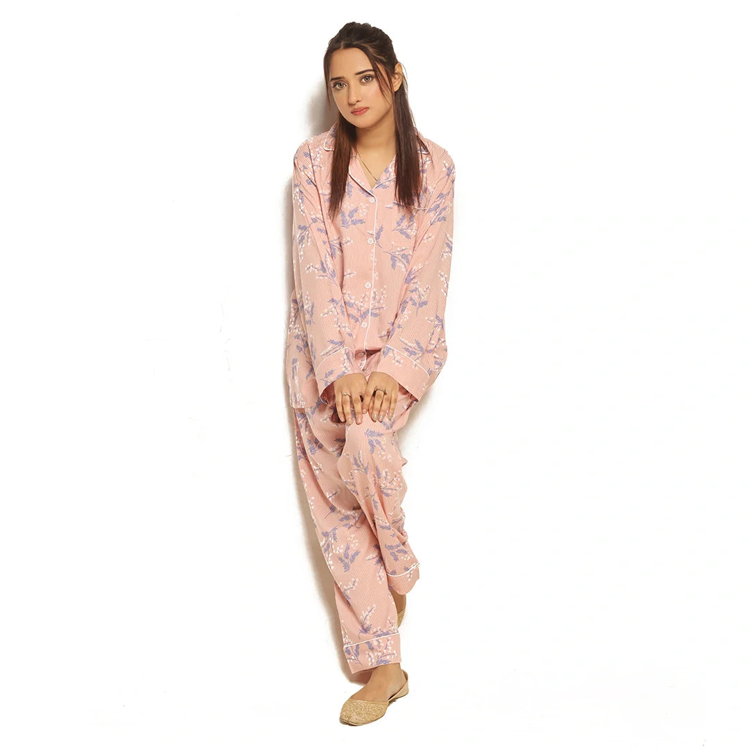 TNW Galaxy Boski Linen Floral Printed Pajama Suit Snow Pink