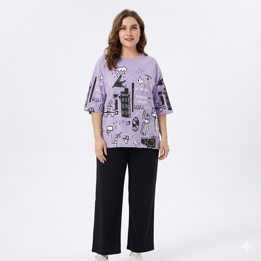 Purple Planet Printed Night Suit