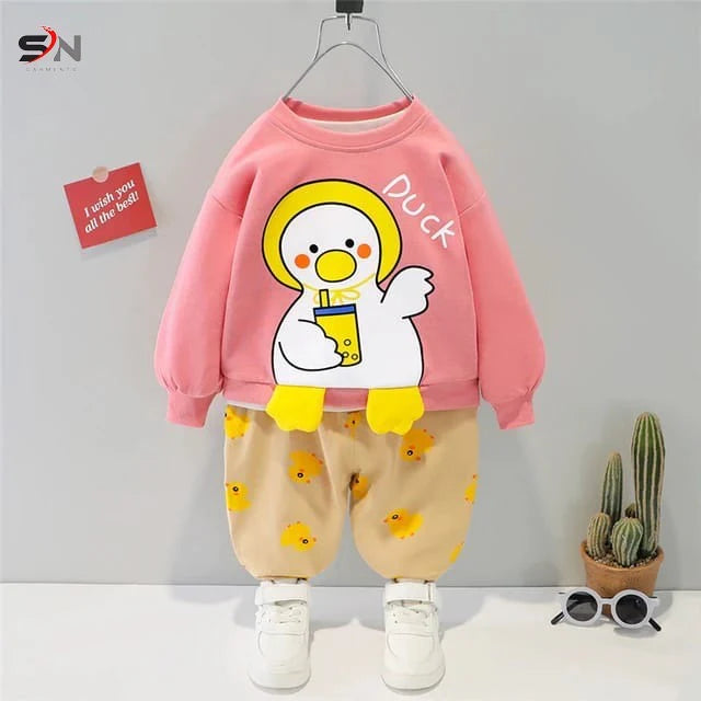 11.11 Sale-Pink duck Print Sweatshirt With Trouser For Kids