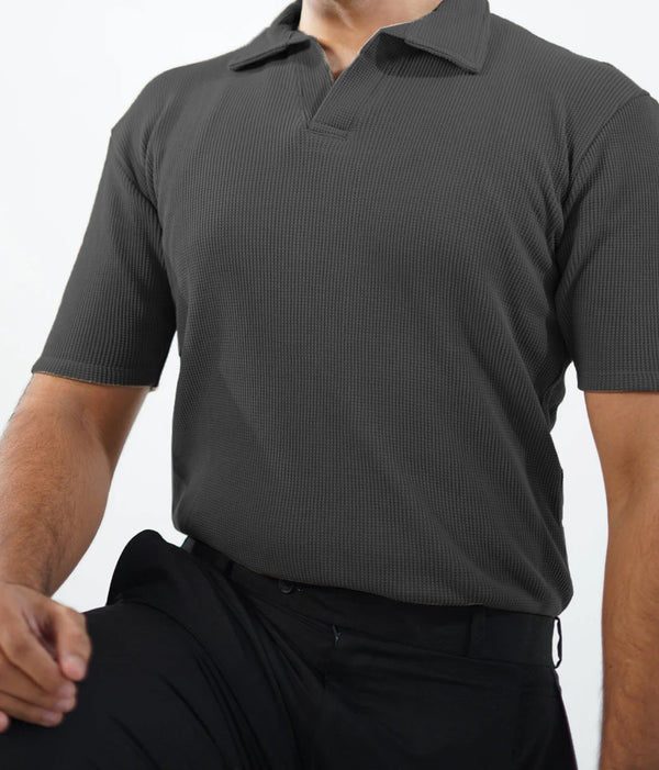 Premium Waffle Knitted Polo - CHARCOAL