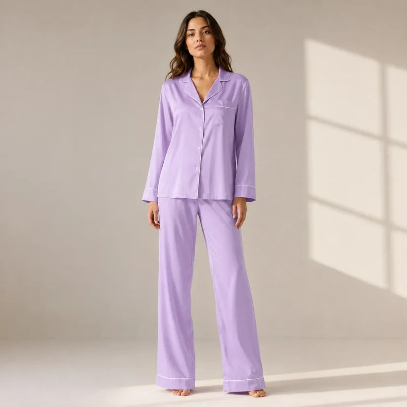 Plain Silk Night Suit - Lilac