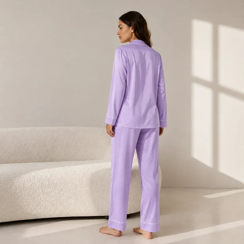 Plain Silk Night Suit - Lilac