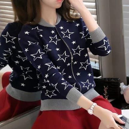 Star Printed Zipper Jacket - Navy