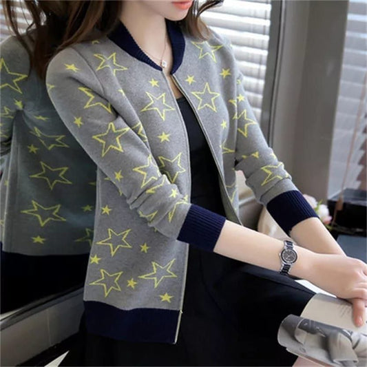 Star Printed Zipper Jacket - Grey