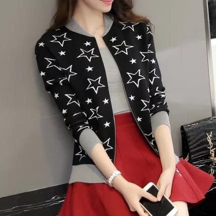 Star Printed Zipper Jacket - Black