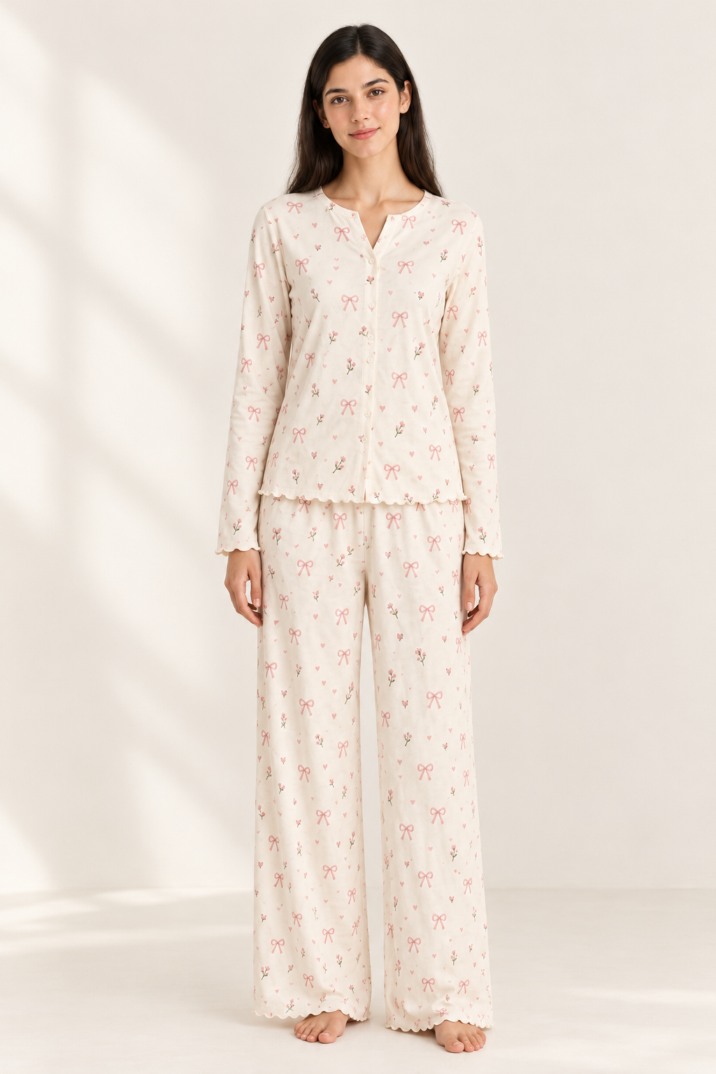 Button Down Cotton PJ Set - Cute Bow - Oat Milk