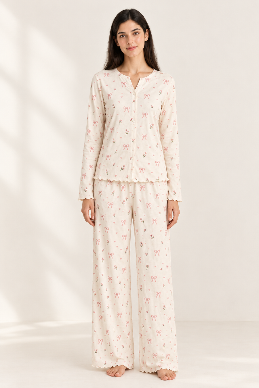 Button Down Cotton PJ Set - Cute Bow - Oat Milk