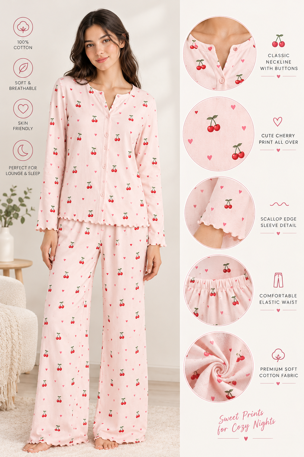 Button Down Cotton PJ Set - Cherry Bliss - Pookie Pink