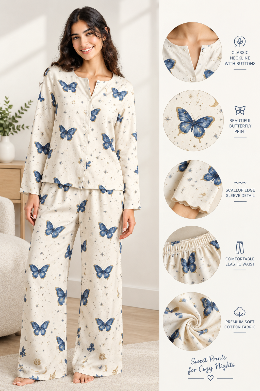 Button Down Cotton PJ Set - Flying Butterfly - White