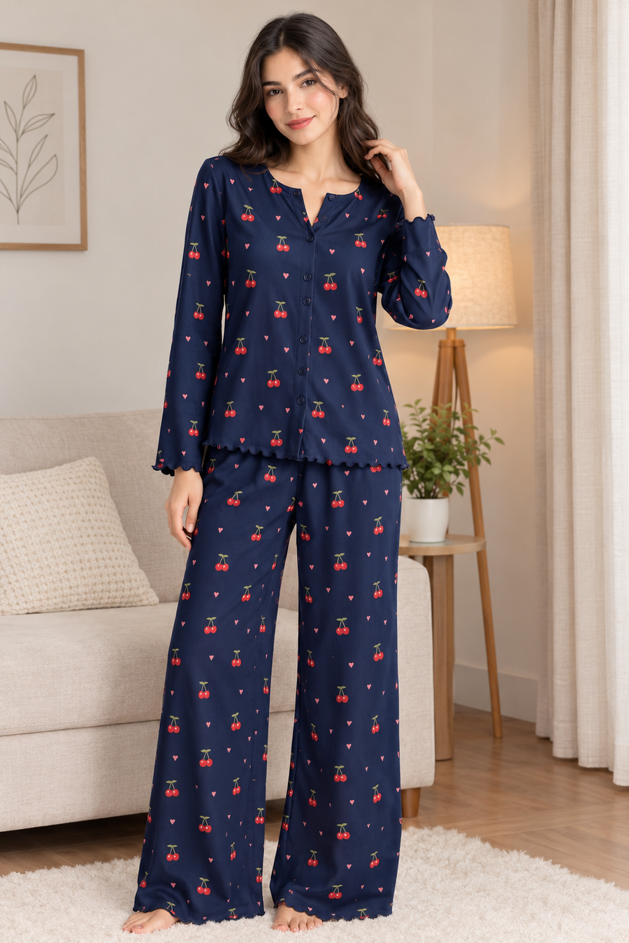 Button Down Cotton PJ Set - Cherry Bliss - Navy