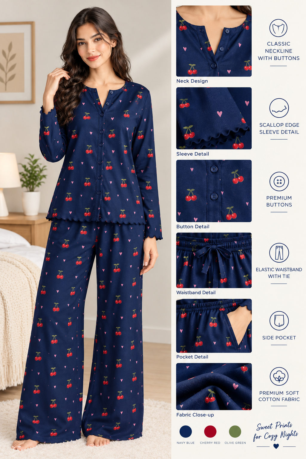 Button Down Cotton PJ Set - Cherry Bliss - Navy