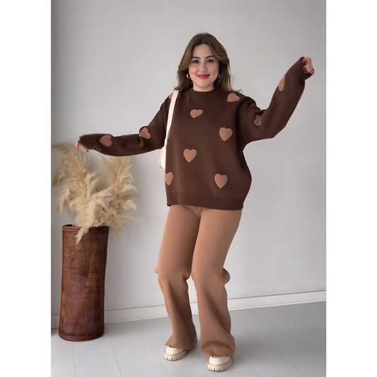 Fleece Pj Suit Love Hearts- Brown Heart