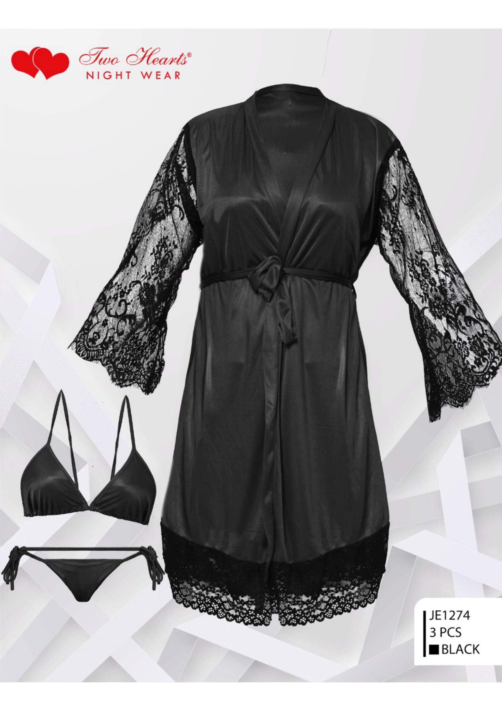 Softy Wear Bridal Maxi Lace Sleeves Satin Kimono Robe black color western wear clothing sexy nightie long coats price in pakistan