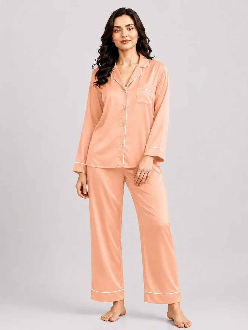 Plain Silk Night Suit - DUSTY ROSE