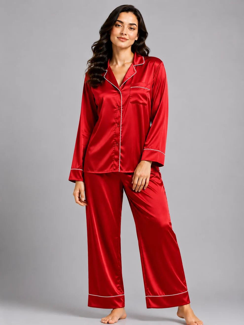 Plain Silk Night Suit - RED