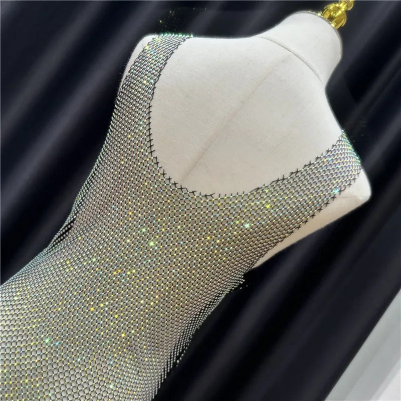 Softy Wear Rhinestone Crystal Transparent Sing Short full body transparent net fancy dress for party