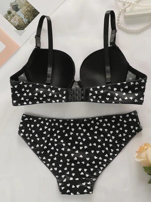 Hearts Printed Padded Bra and Panty Set