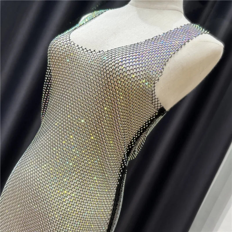 Softy Wear Rhinestone Crystal Transparent Sing Short full body transparent net fancy dress for party