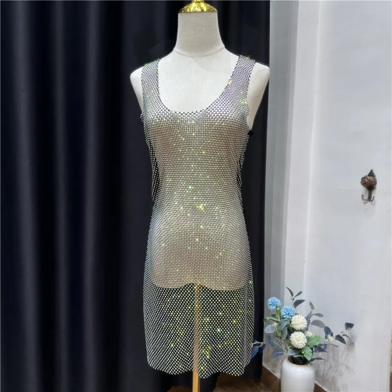 Softy Wear Rhinestone Crystal Transparent Sing Short full body transparent net fancy dress for party