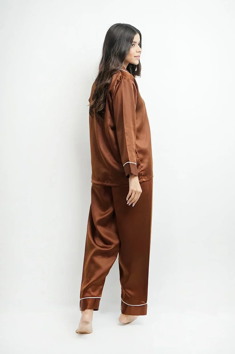 Plain Silk Night Suit - Brown
