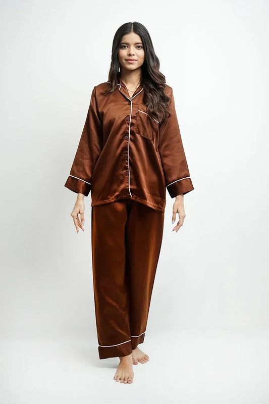 Plain Silk Night Suit - Brown