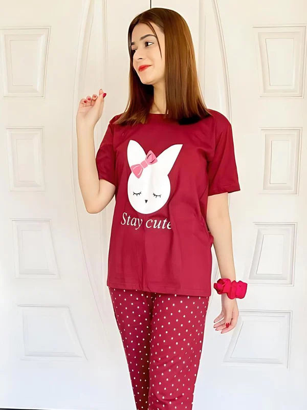 MAROON STAY CUTE PRINTED NIGHT SUIT